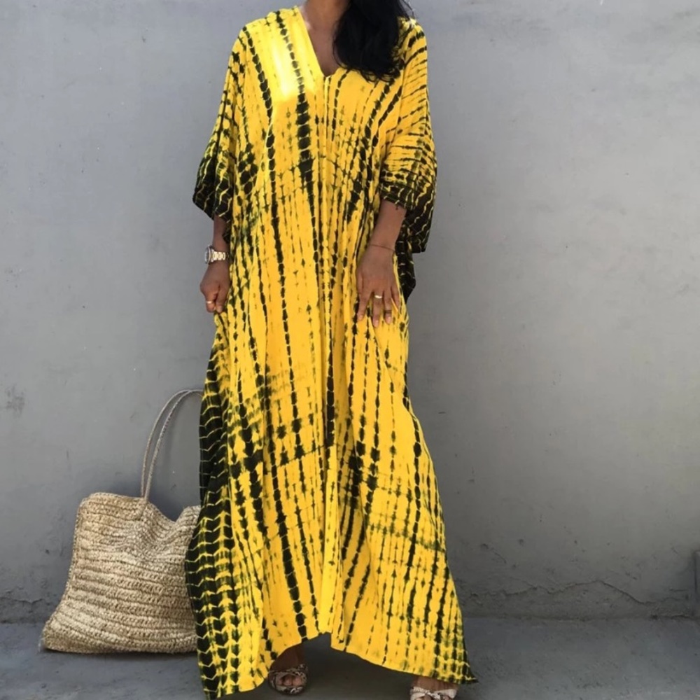 SOLD OUT Yellow & Black Bohemian Tie Dye Kaftan Kimono Dress - Picture 7 of 9